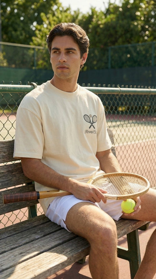 "Tennis Club" Embroidery Oversized T-Shirt – Cream/Off-White