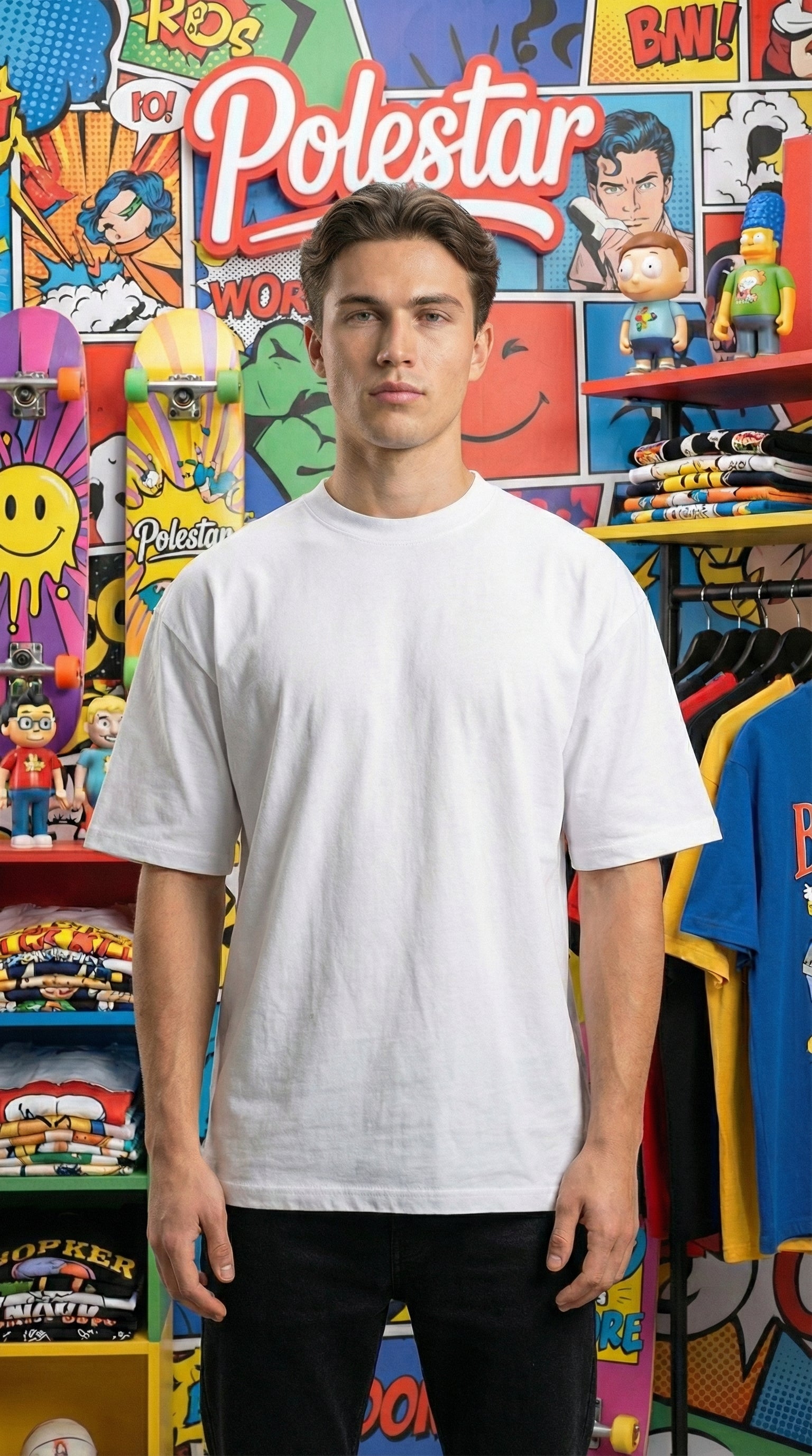 Front view of The 280 Blanc Heavyweight Oversized T-Shirt in crisp white by POLESTARRRR, featuring opaque 280 GSM French Terry cotton fabric.