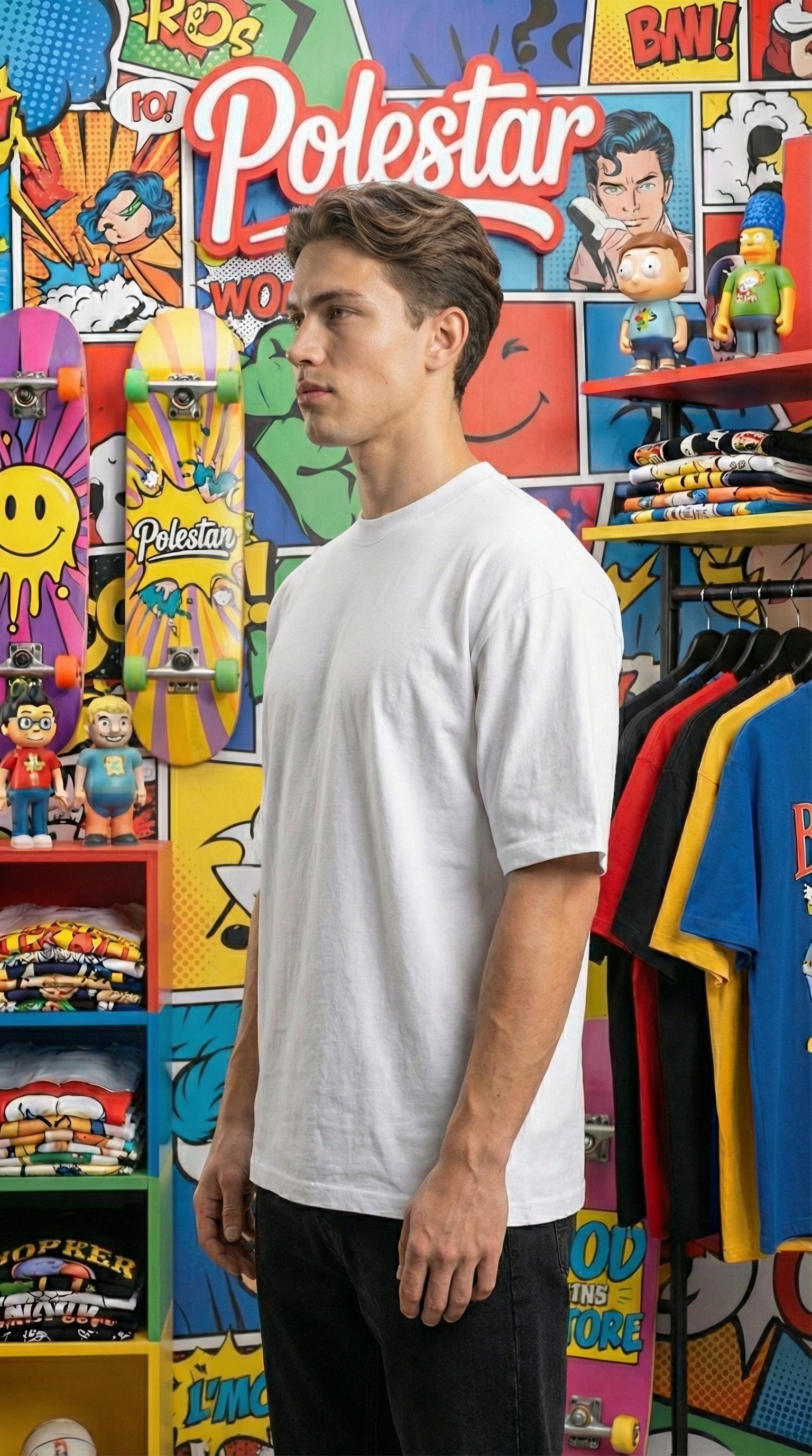 Model wearing a crisp white luxury heavyweight oversized t-shirt styled in a modern streetwear aesthetic.