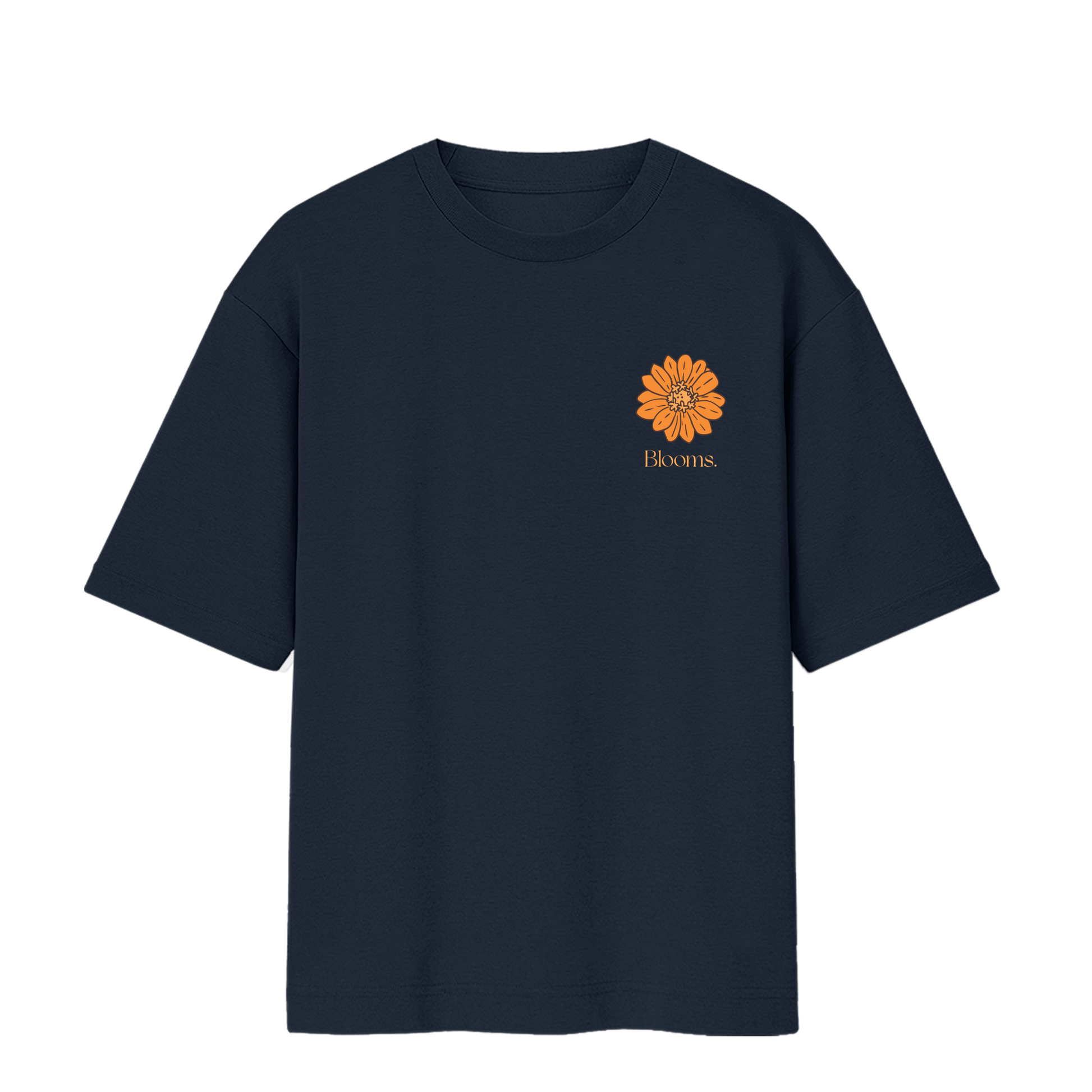 Orange floral graphic on navy oversized cotton t-shirt – Polestarrrr Blooms Collection