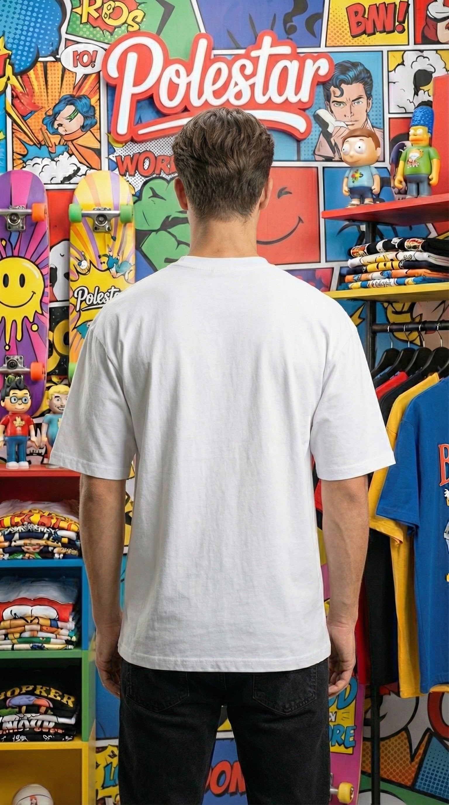 Back view of solid white oversized tee showing the relaxed drop-shoulder fit and thick, structured drape of the heavyweight fabric.