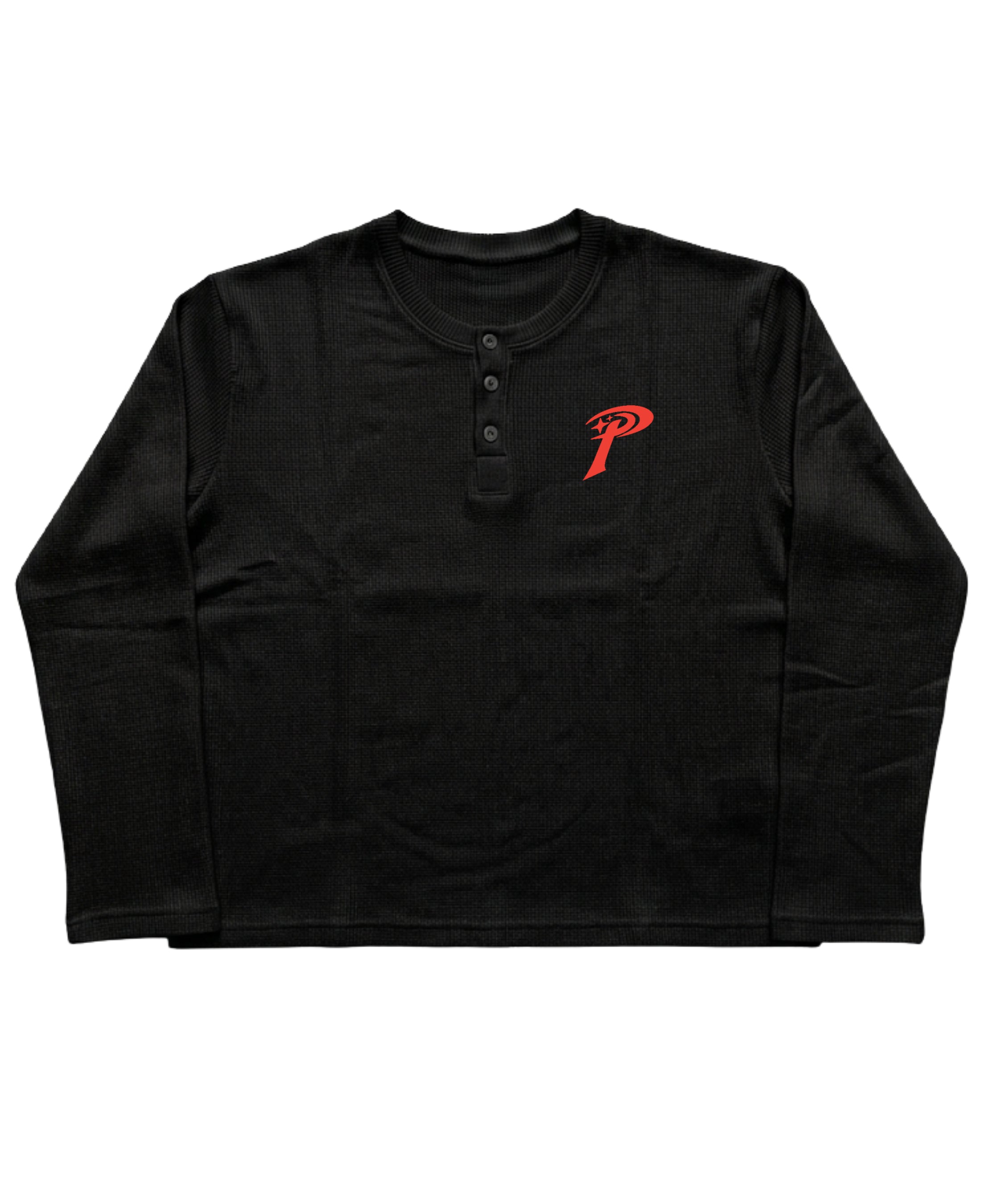 Black Henley waffle knit Front Design