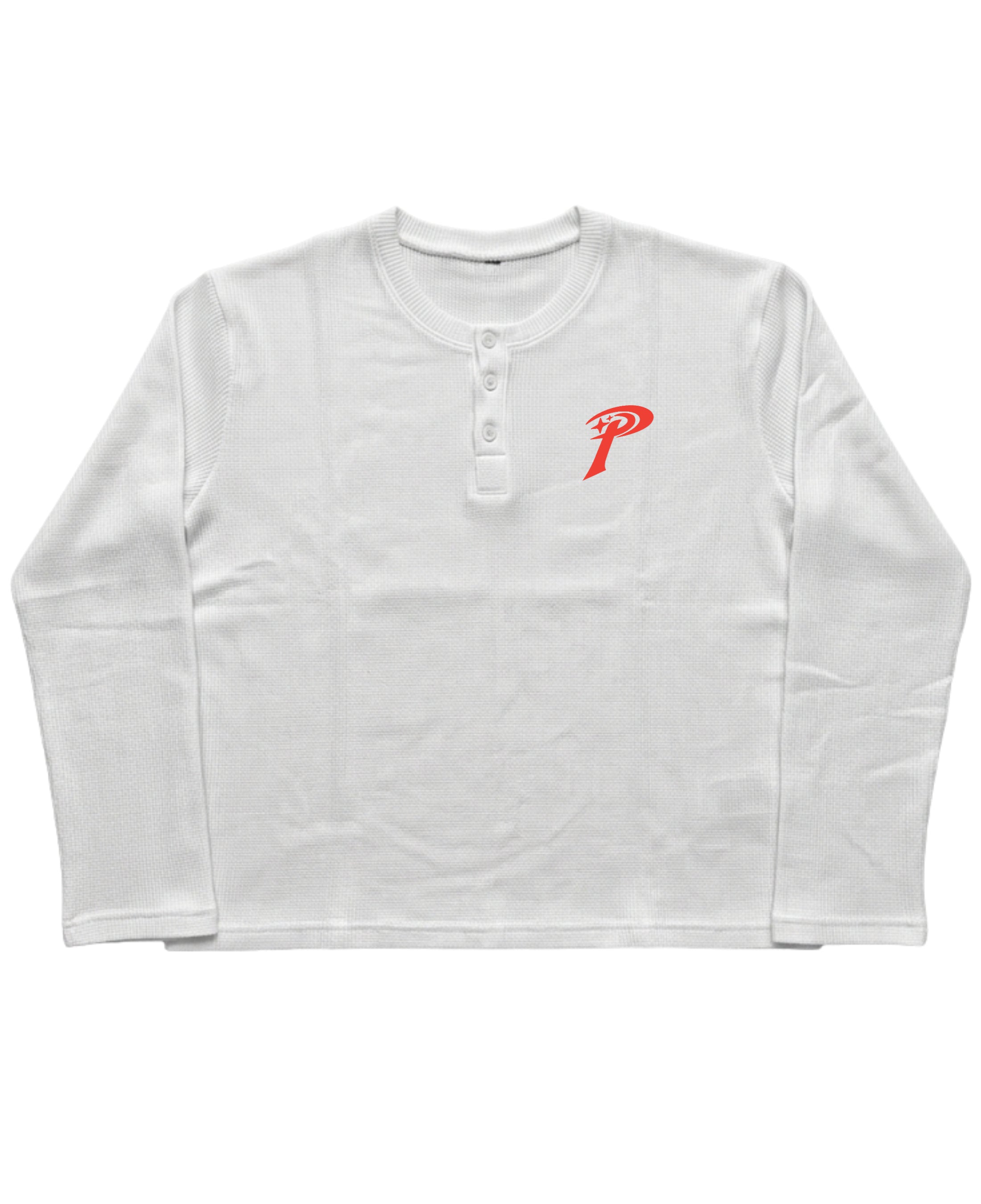 White Henley waffle knit Front Design