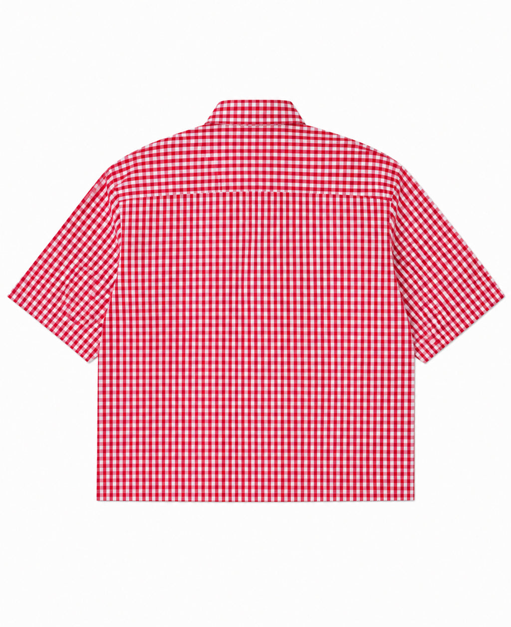 Back view of Polsta Red Picnic Oxford Shirt with red and white micro-check pattern and relaxed silhouette